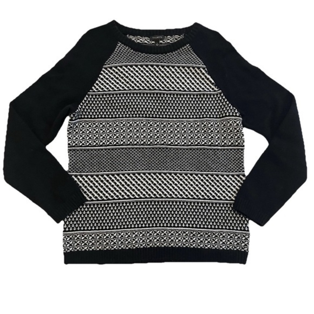 Talbots Womens Lambswool Blend Black White Crew‎ Neck Knit Sweater Large EUC